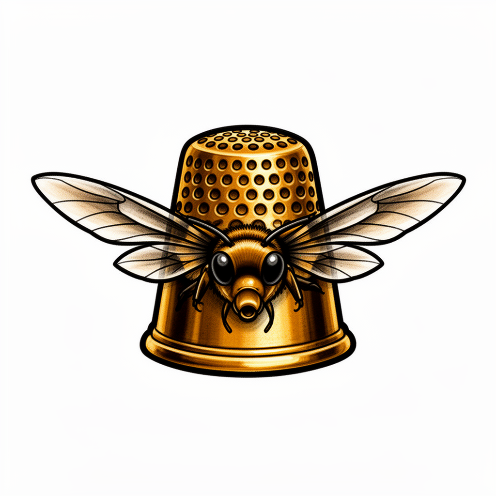 A neo-traditional honeybee talisman built from an antique brass sewing thimble, with domed striped body, folded wings, and a focused bee face.