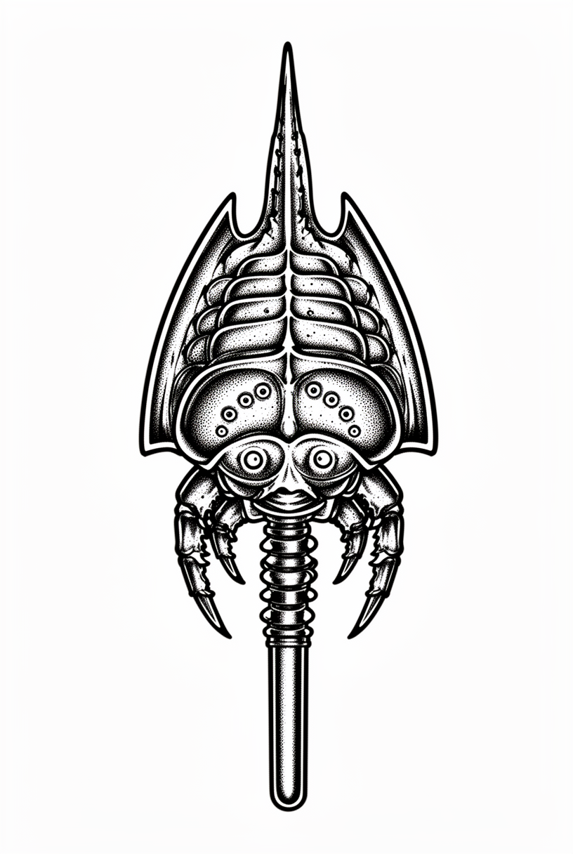A blackwork horseshoe crab reimagined as an antique cufflink talisman with engraved shell rings, tucked legs, and a tapering tail spine on a plain background.