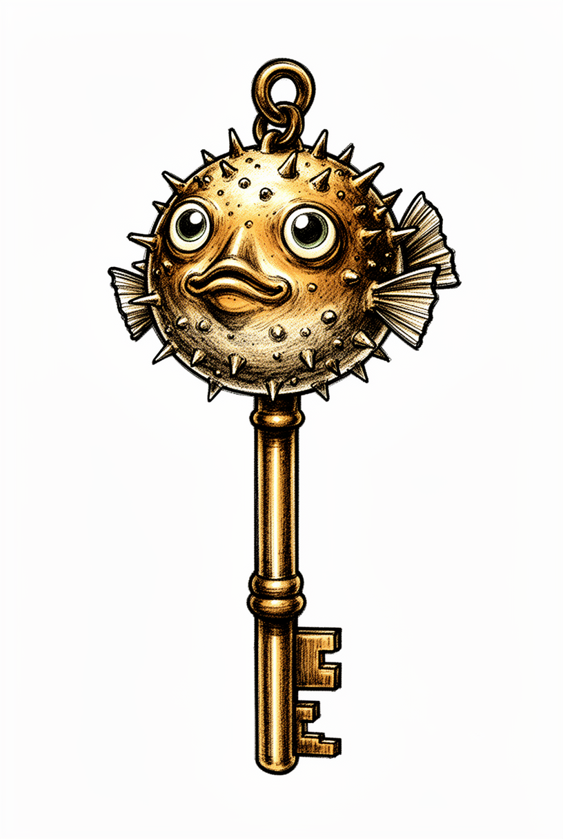 Ilustrativní drobný talisman ve tvaru čtverzubce, inspirovaný klíčkem starožitné mosazné hrací skříňky, s korálkovýma očima, našpulenou pusou a jemnými detaily ploutví na prostém pozadí.
