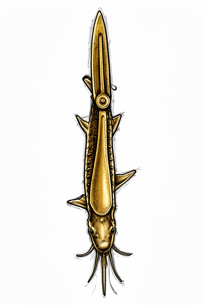 An illustrative sturgeon talisman reimagined from a vintage brass paper cutter, with an armored back, whiskered snout, and plain background.
