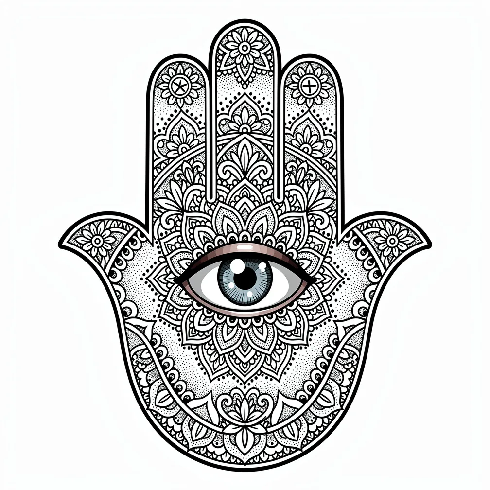 Ornamentális Hamsza-kéz közepén gonosz szemmel, hennát idéző mintákkal és védelmező szimbólumokkal, részletgazdag vonalrajzban.