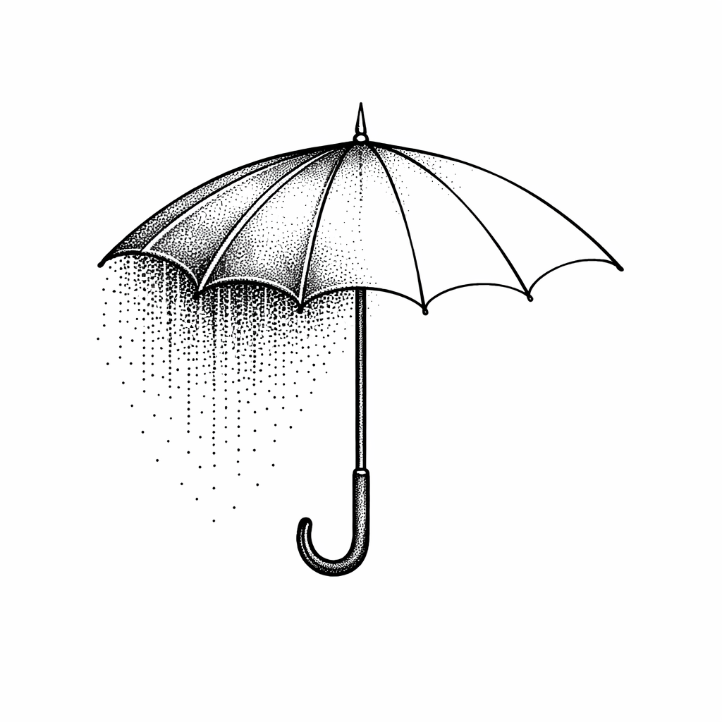 以留白呈現的雨傘刺青,點點雨滴只落在一側,結合點刺與開放空間,營造詩意效果