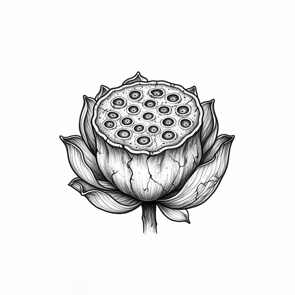 An illustrative dried lotus seed pod with curled papery petals, symmetrical seed chambers, and subtle aged texture on a plain background.