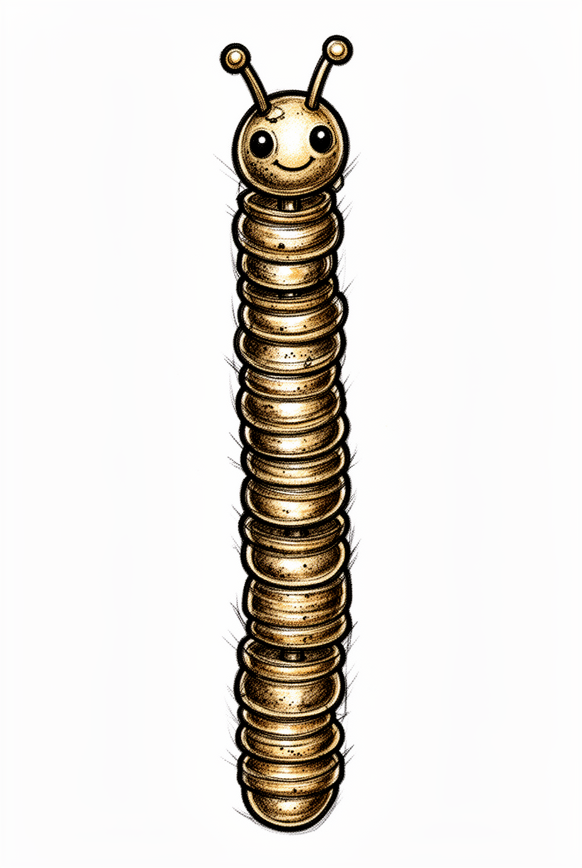 An illustrative tattoo of an antique brass abacus bead strand transformed into a smiling caterpillar talisman with segmented rings, tiny antennae, and subtle wear.