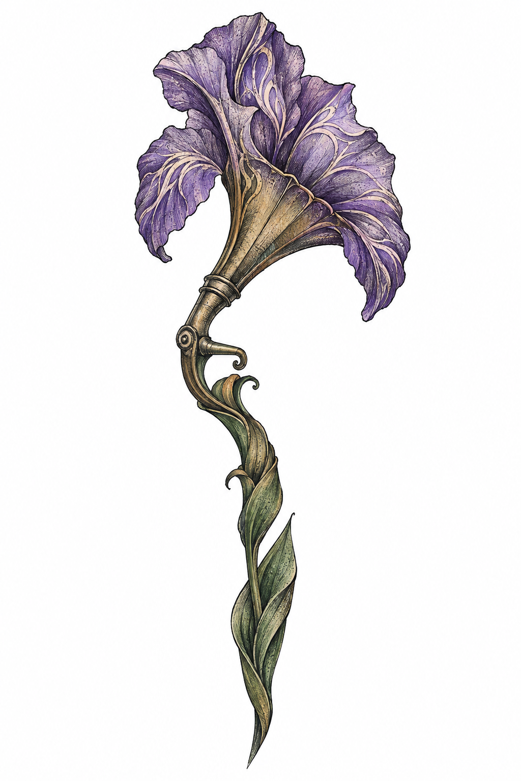 An illustrative gramophone horn transformed into an iris bloom with violet petals, green stem, and Art Nouveau vein details.