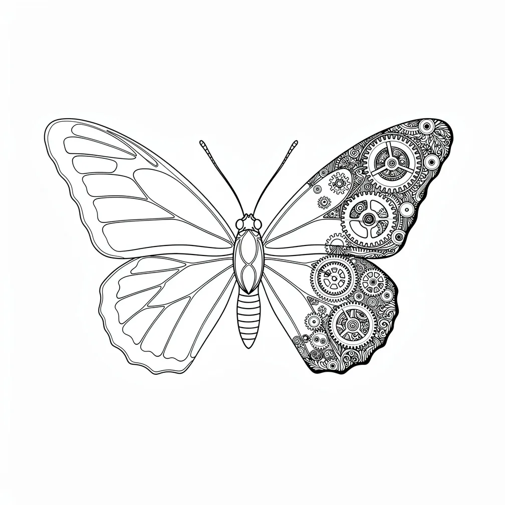 Uma borboleta-monarca em linha fina, com uma das asas se transformando em engrenagens detalhadas de relógio e peças mecânicas, mesclando o delicado detalhe das asas com pequena maquinaria.