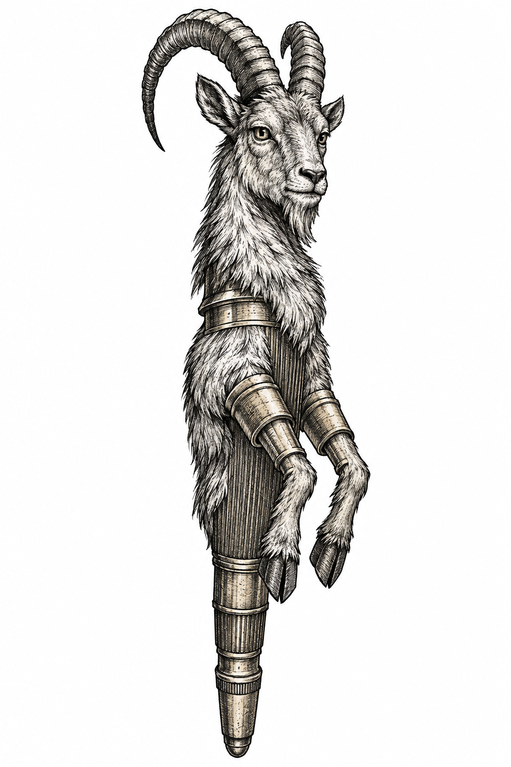 An illustrative tattoo of an antique brass pencil extender transformed into a compact goat talisman with furred torso, backward-curving horns, and amber eyes on a plain background.