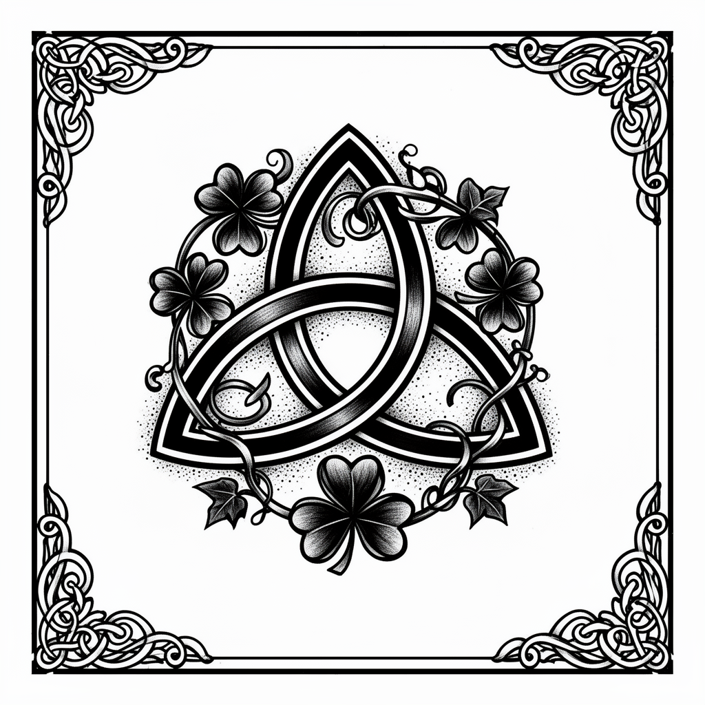 A blackwork Celtic trinity knot interwoven with shamrocks and ivy vines in precise knotwork lines.