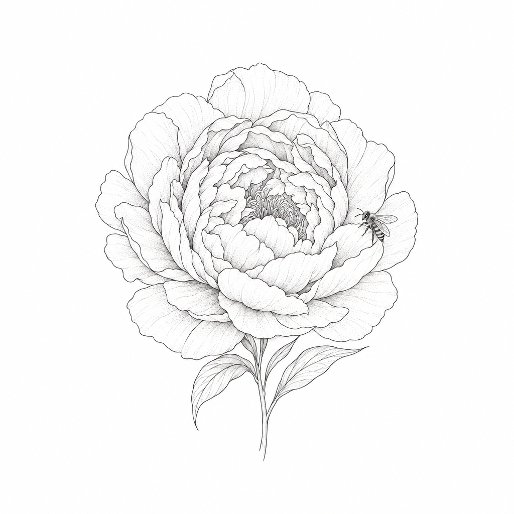 A fine-line peony in full bloom with layered petals and a small bee resting on one petal.