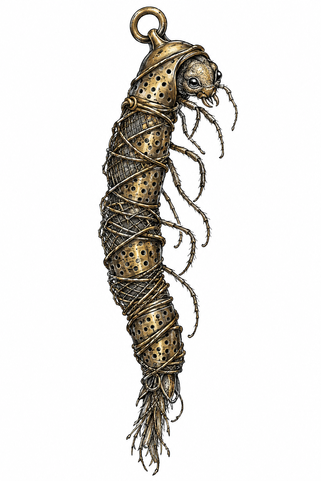 An illustrative caddisfly larva talisman reimagined from an antique tea infuser, with mesh body, tiny legs, bead eyes, and a curled tail on a plain background.
