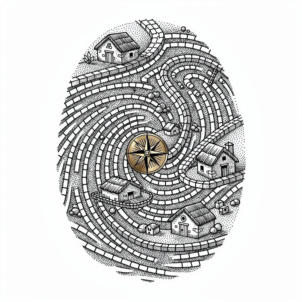 Isang fingerprint na binuo sa dotwork at ginawang munting topograpikong mapa ng bayan, na may mga linya ng tagaytay na parang cobblestone, mga lane na may label, mga kubo sa contour, at isang tansong