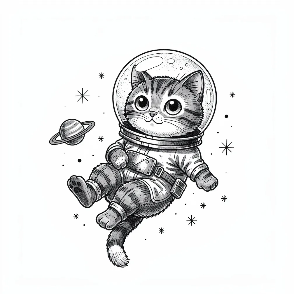 Un petit astronauta gat il·lustratiu flota per l’espai amb un casc de peixera, envoltat d’estrelles i petits planetes.