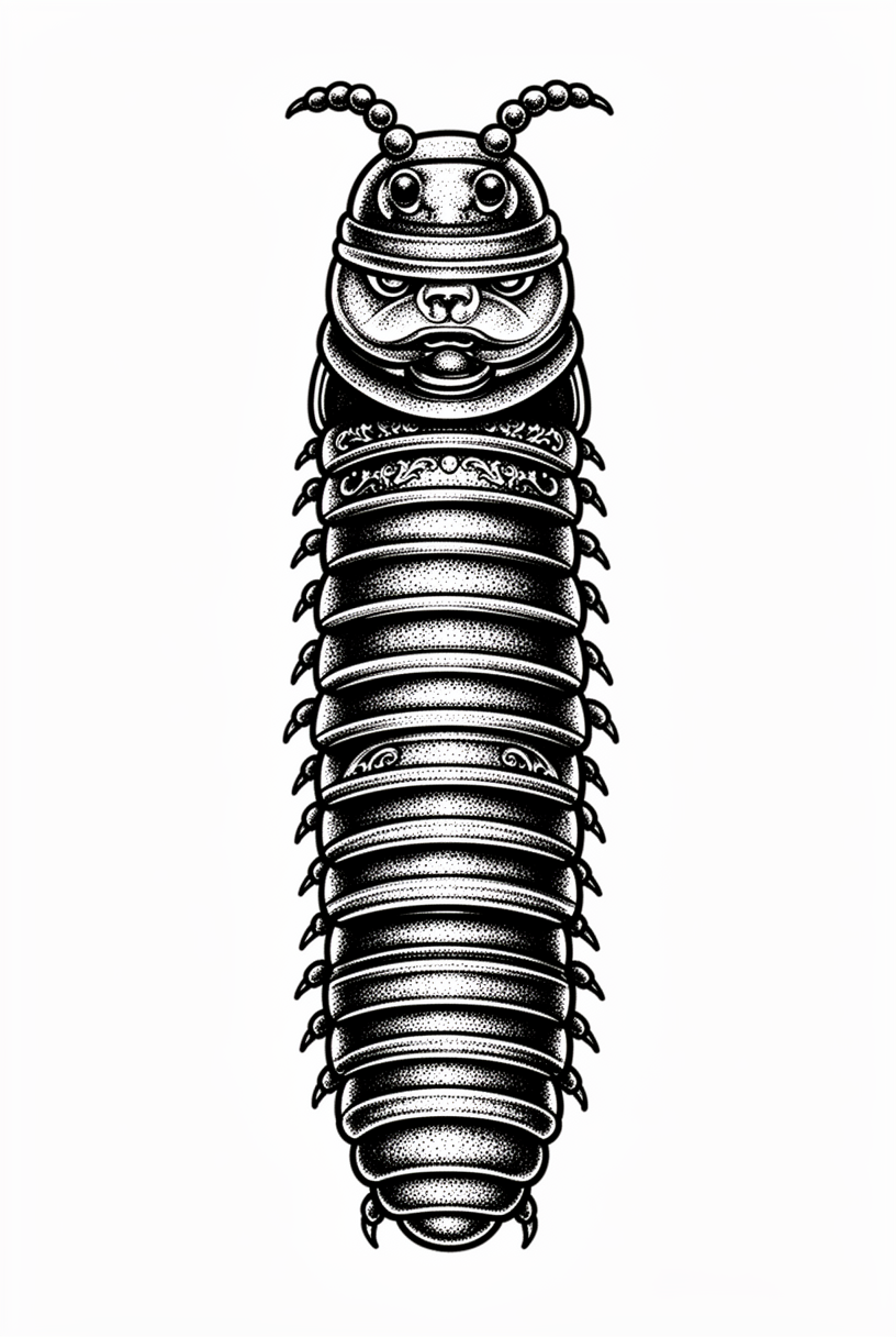 A blackwork surreal millipede talisman made from an antique snuff box, with segmented engraved plates, tiny legs, bead eyes, and subtle antennae.