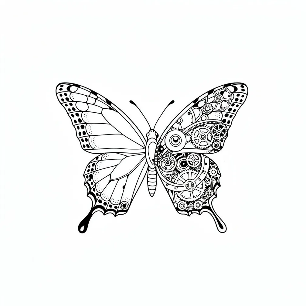 Uma borboleta-monarca em traço fino com uma asa se transformando em engrenagens de relógio intrincadas e peças mecânicas.