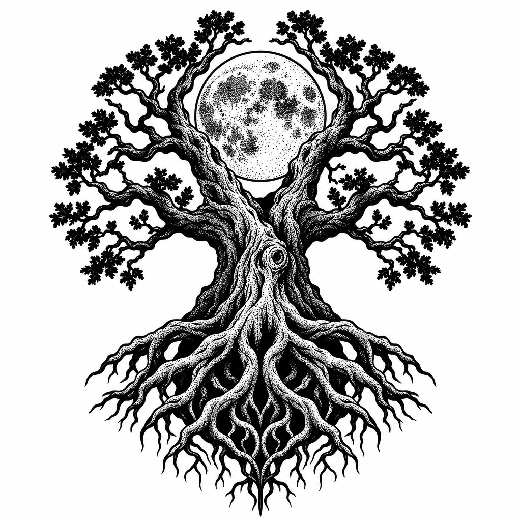 A blackwork ancient oak tree with exposed roots and twisted branches framing a full moon behind it.