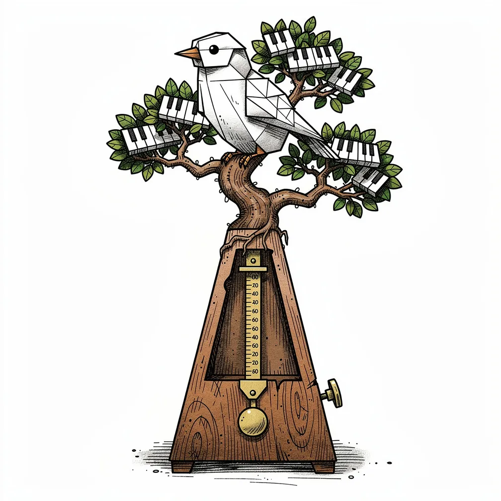 ’n Illustratiewe antieke metronoom met ’n swaaiende arm wat uitgroei tot ’n lampverligte bonsai met blare van klaviersleutels, met ’n origami-nagtegaal wat singend daarin rus.