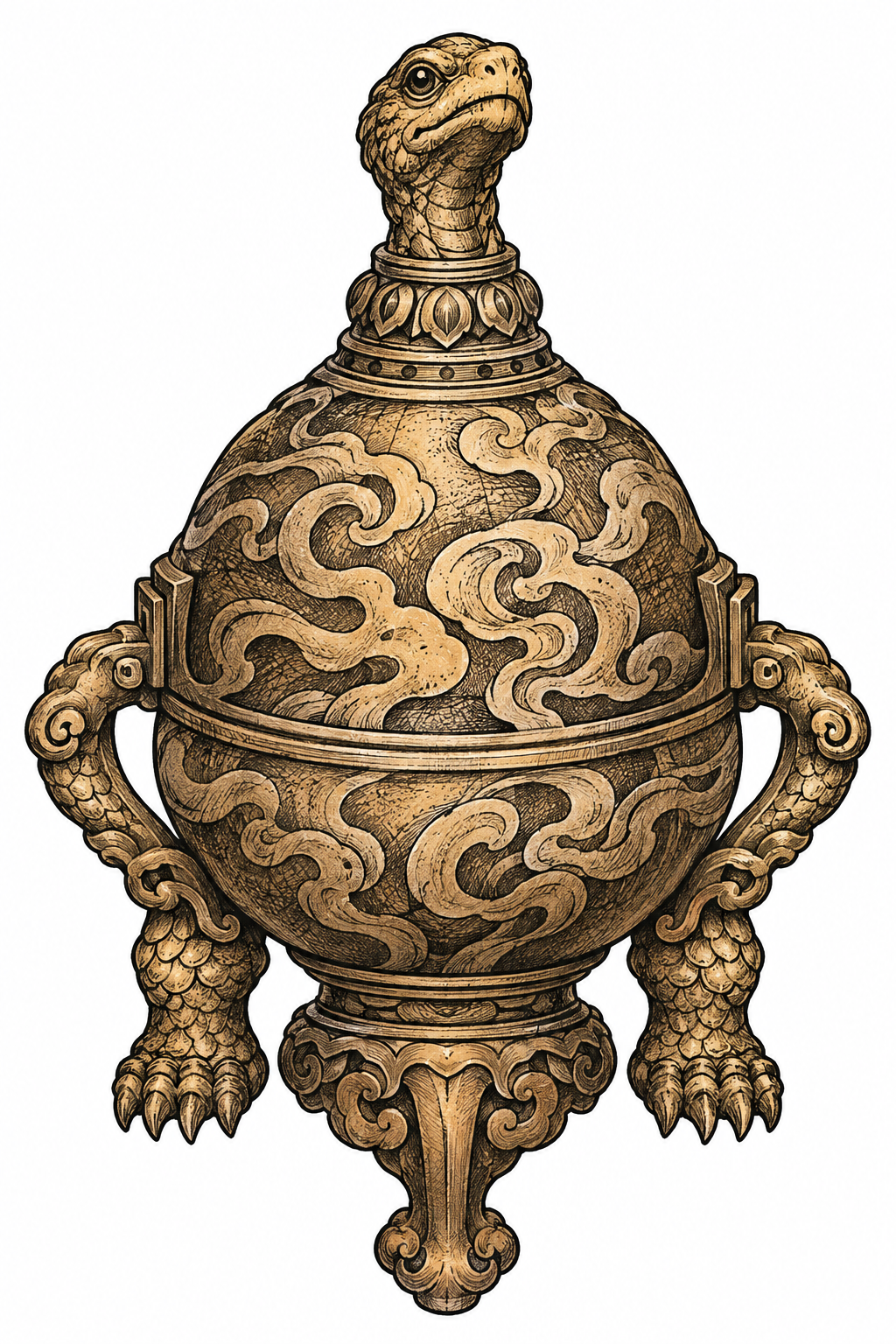 An illustrative tortoise talisman inspired by an antique brass incense burner, with a domed shell, smoke carvings, bead eyes, and a calm ancient expression.