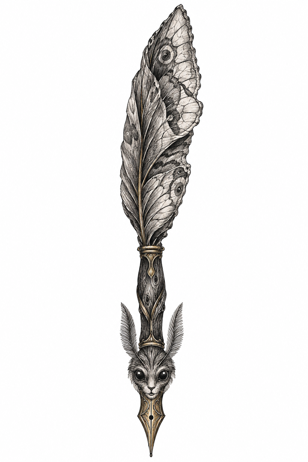 An illustrative antique quill pen transforms into a moth-wing talisman with a tiny moth face, delicate veins, and brass details.