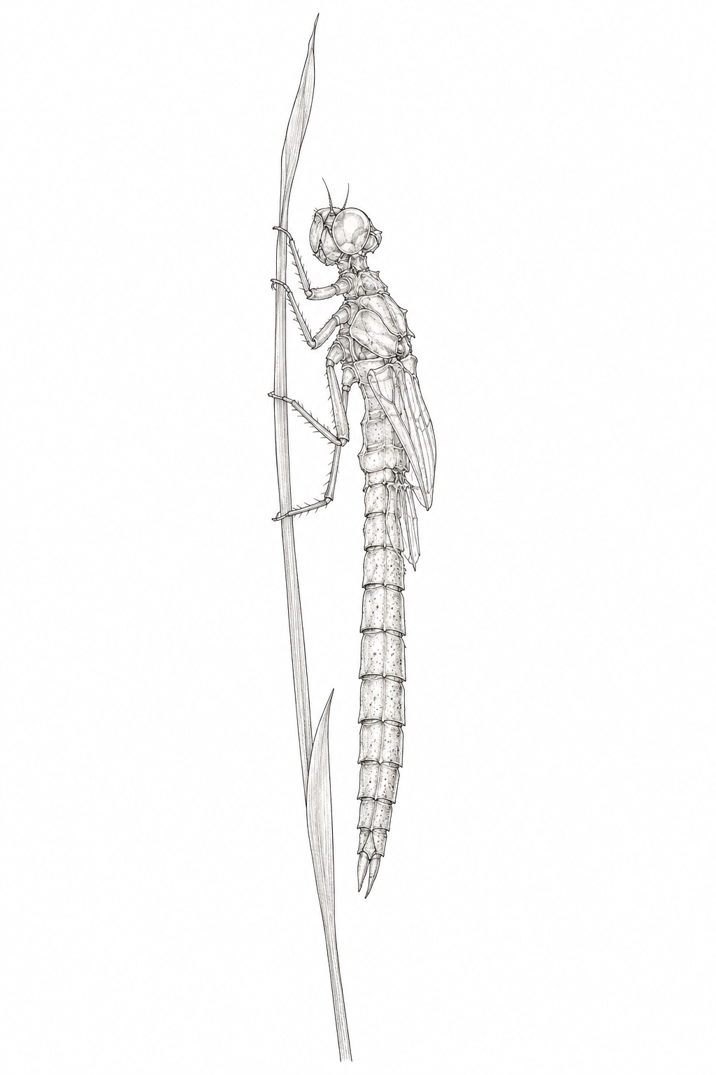 A fine-line dragonfly exuvia in vertical pose, rendered as a delicate scientific specimen with translucent split shell, jointed legs, and empty wing sheaths.