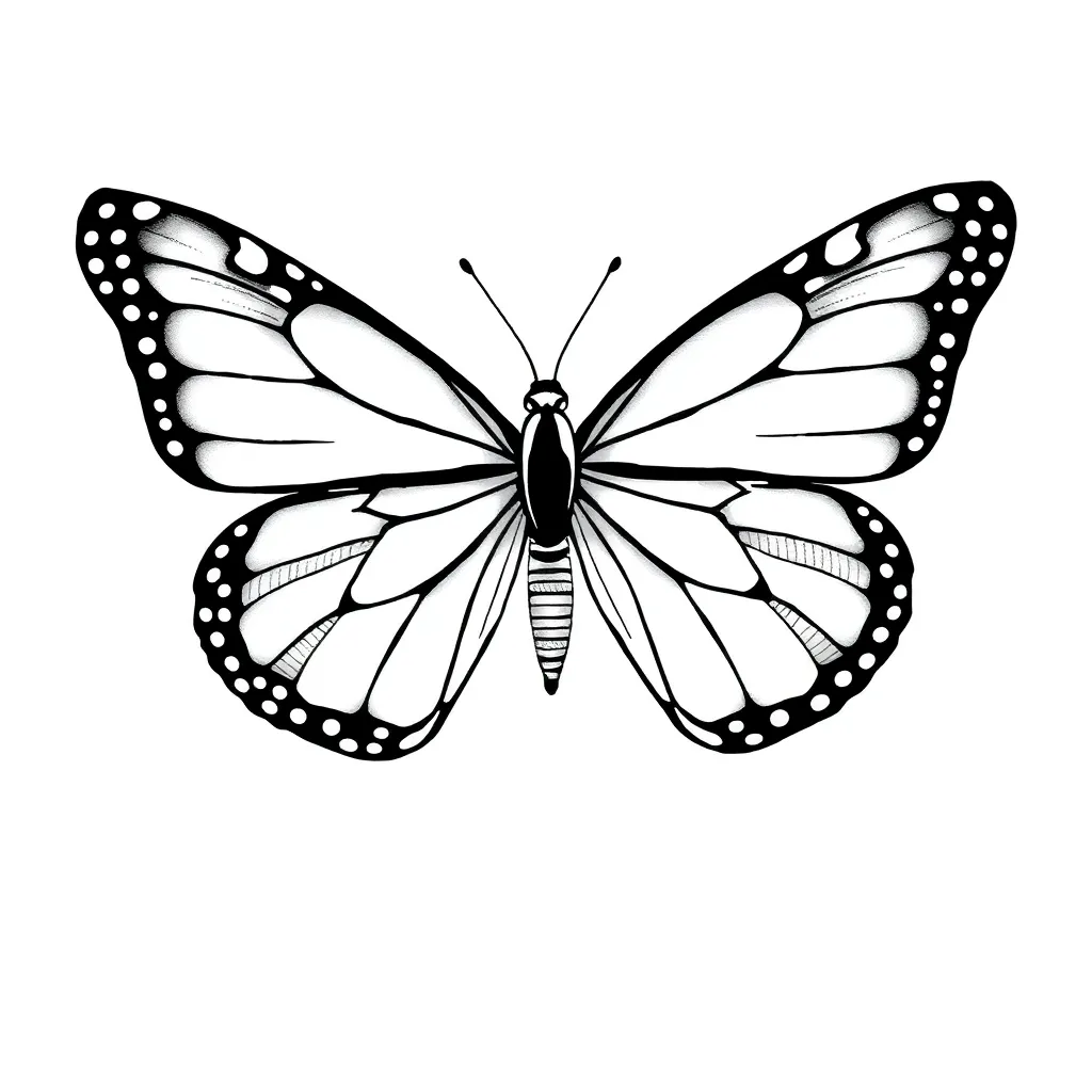 Uma borboleta-monarca com traço fino cuja asa direita se dissolve em engrenagens intricadas, misturando detalhes orgânicos e mecânicos.