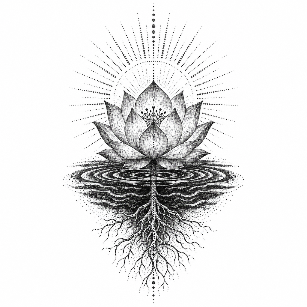 Isang lotus na bulaklak na binuo sa dotwork na umuusbong mula sa madilim na tubig, may nakikitang mga ugat sa ibaba at mga sinag ng liwanag na umaagos paitaas.