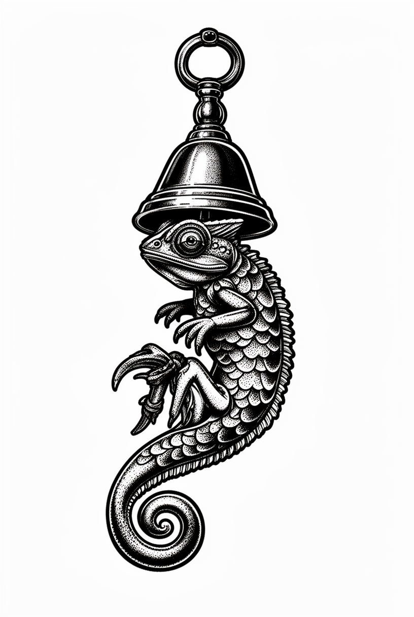 A blackwork chameleon talisman shaped like an antique pocket bell, with bead eyes, a ridged crest, curled tail, and splayed feet on a plain background.
