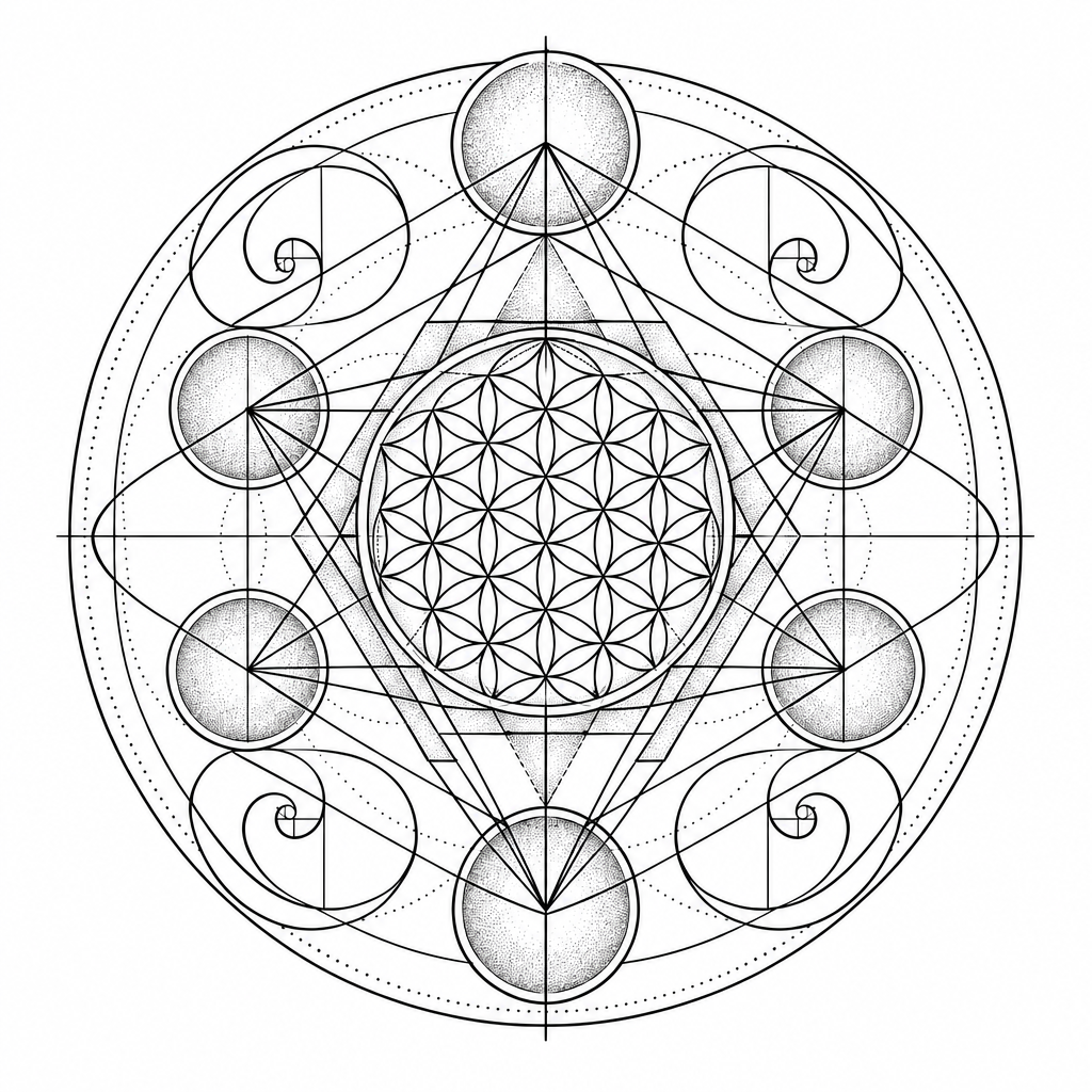 A geometric sacred geometry tattoo featuring the Flower of Life at the center, an overlaid Metatron's cube, and radiating golden ratio spirals.