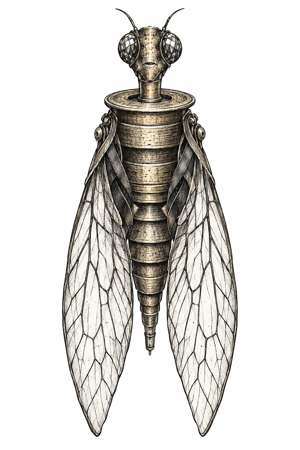 An illustrative cicada talisman formed from an antique brass typewriter spool, with veined wings, faceted eyes, and a calm expression on a plain background.