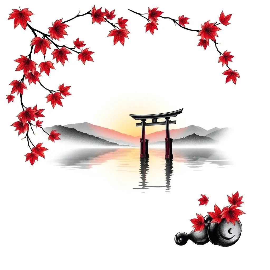 Eine japanisch inspirierte Szene mit einem Torii-Tor in stillem Wasser bei Sonnenuntergang, mit fernen Bergen und fallenden roten Ahornblättern in reichen Farben.