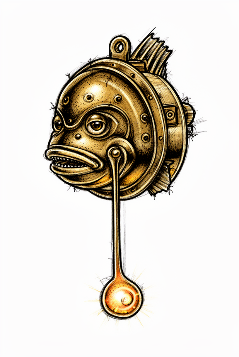 An illustrative anglerfish talisman made from a brass slide projector lens cap, with a glowing lure, tucked fins, and a plain background.