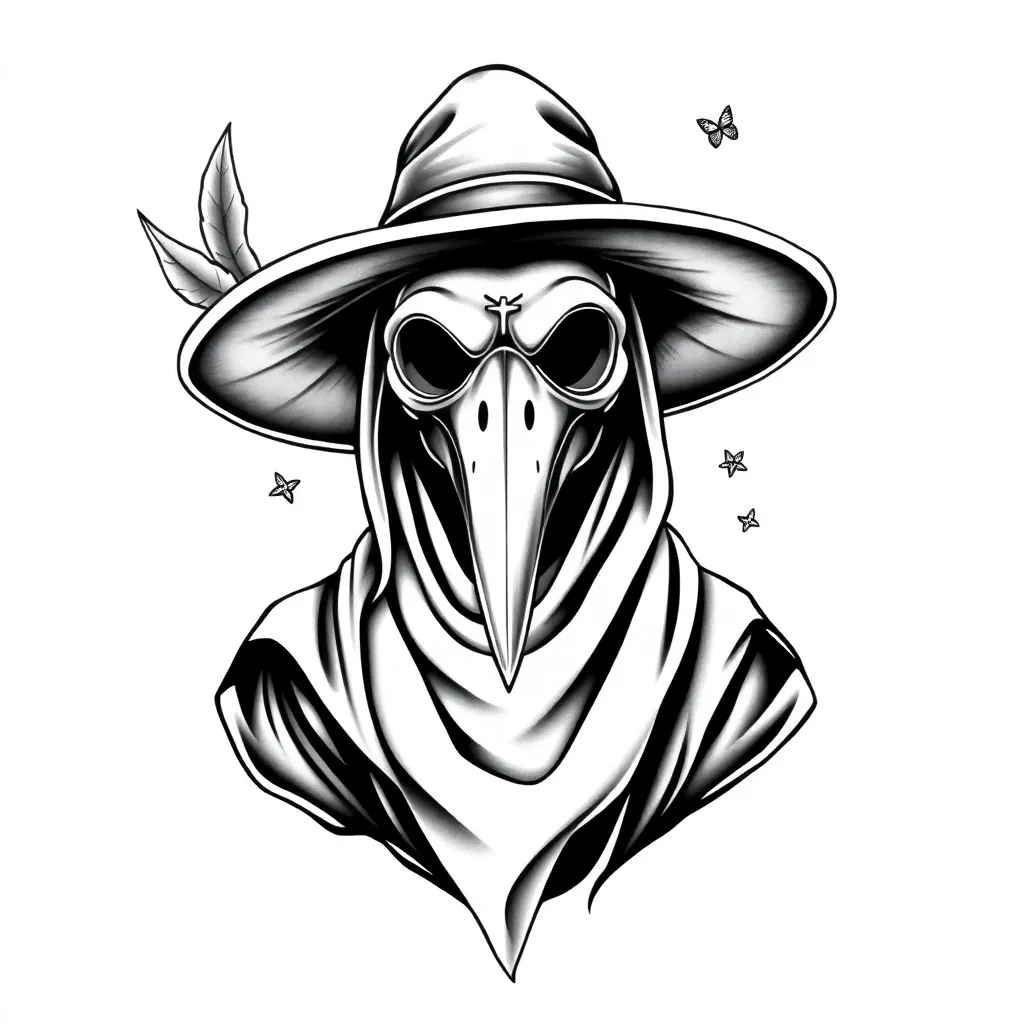 Chicano-style surreal plague doctor portrait in black and grey with bold linework and generous negative space on a white background.