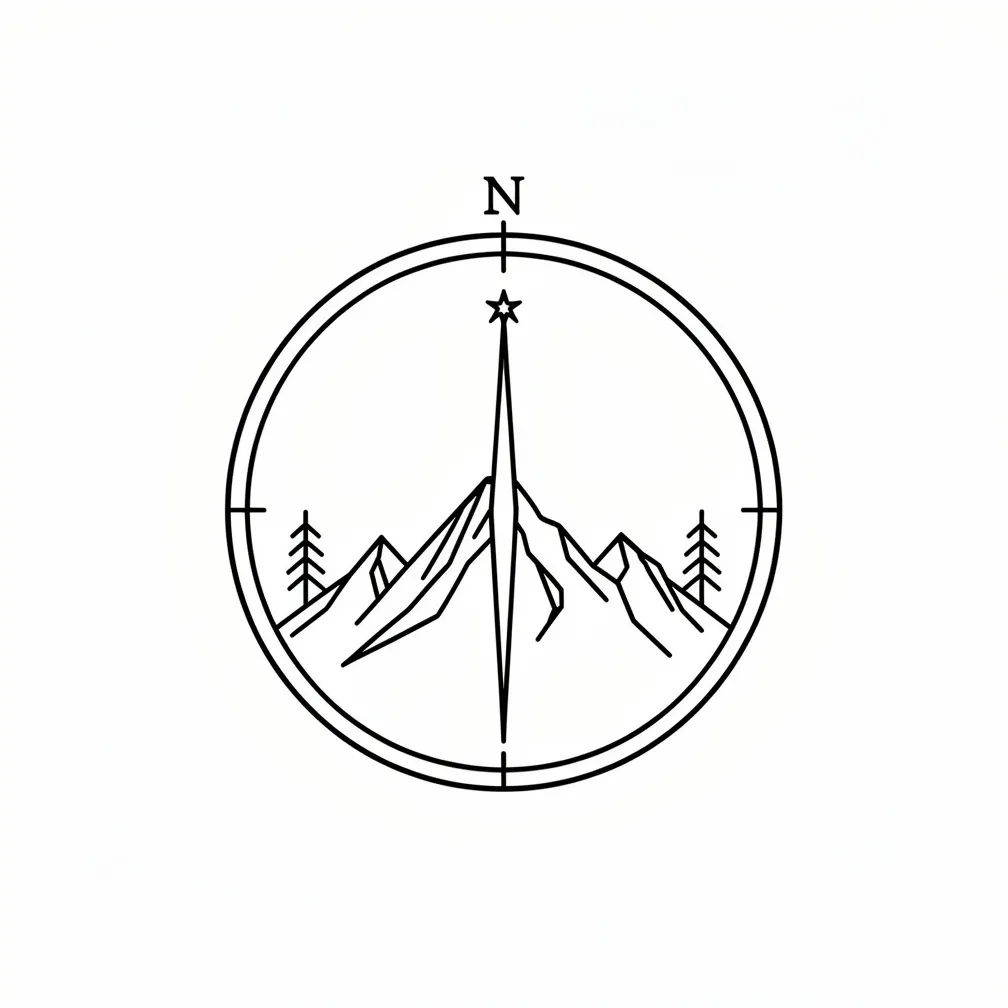 Minimalistiese swart-lyn kompas wat ’n berglandskap omsluit, omraam deur dennebome, met die naald wat noord wys na ’n klein leidende ster.