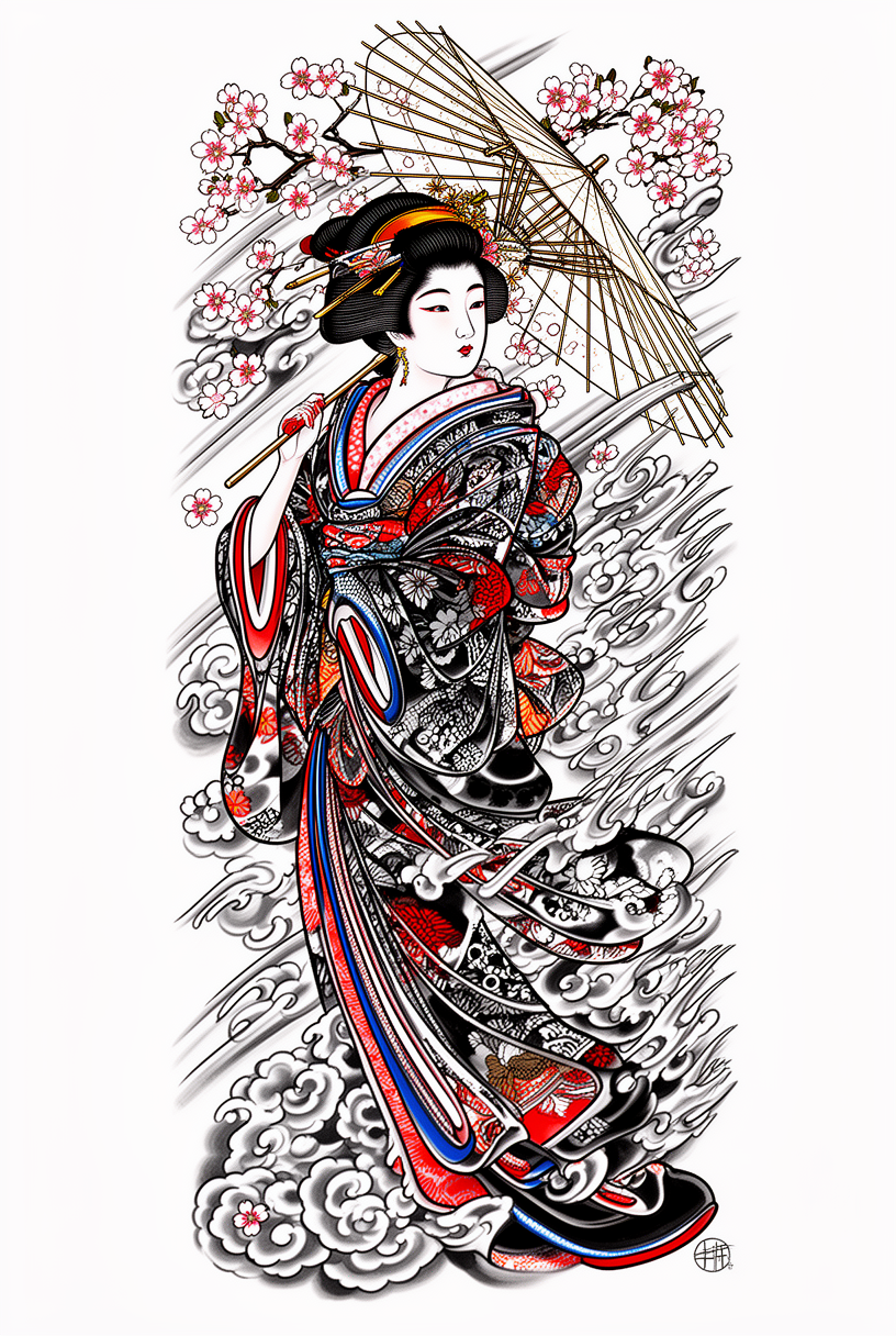 A Japanese-style geisha in an elaborate kimono holding a parasol, with wind-blown silk and swirling cherry blossoms.