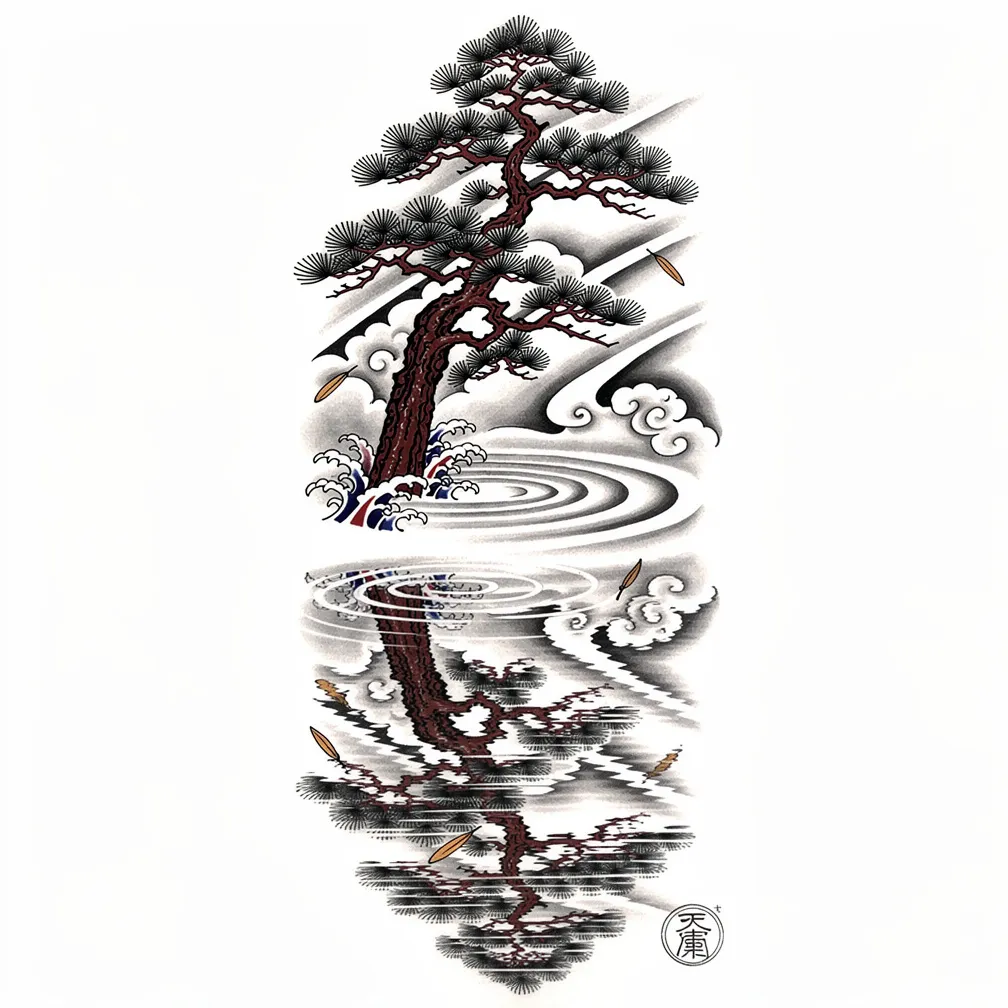 Eine japanisch inspirierte Tuschewaschungsszene mit hohen Kiefern am Ufer, die sich in vollkommen stillem Wasser spiegeln, mit feiner Linienführung und sanften Tonabstufungen.