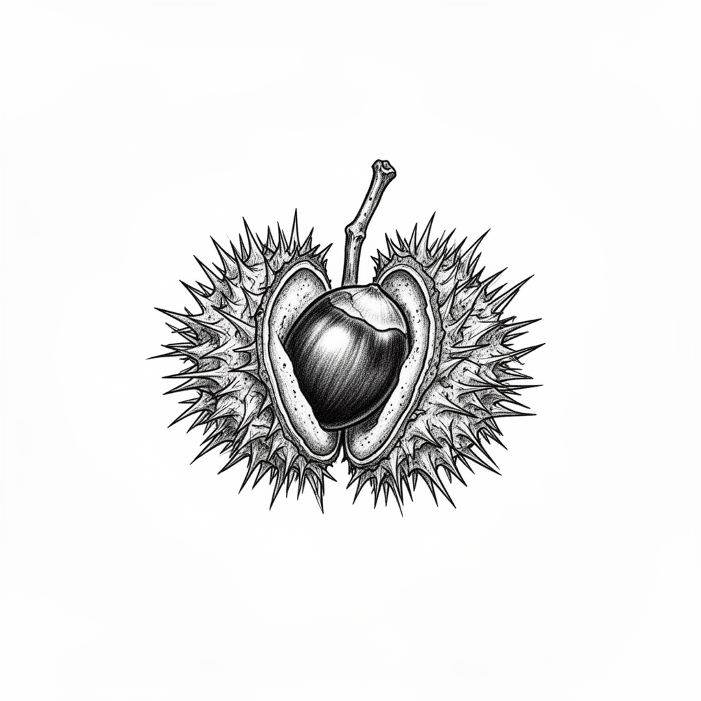 An illustrative tattoo of a split chestnut burr revealing a glossy chestnut inside, with sharp spines and crisp centered linework.