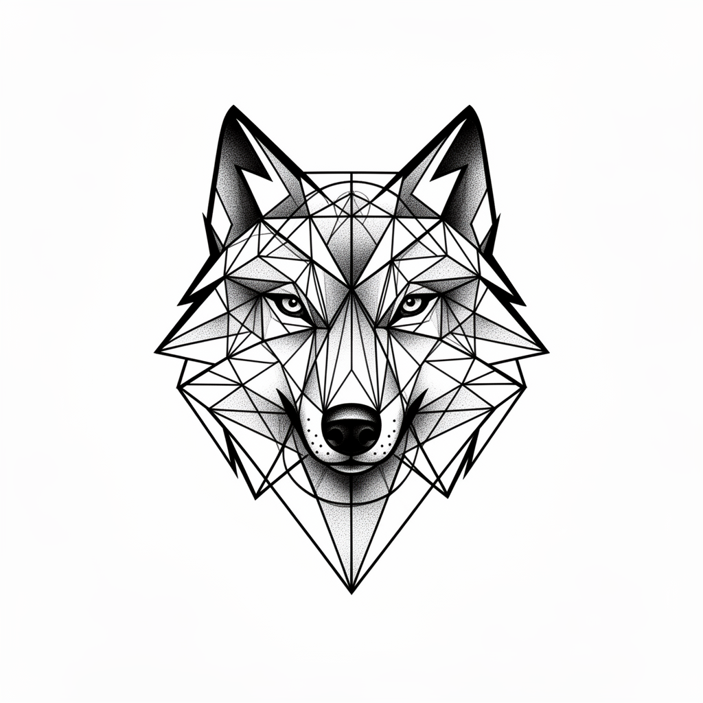 A geometric wolf formed from sharp triangles and angular facets, with intense eyes emerging from the faceted design.
