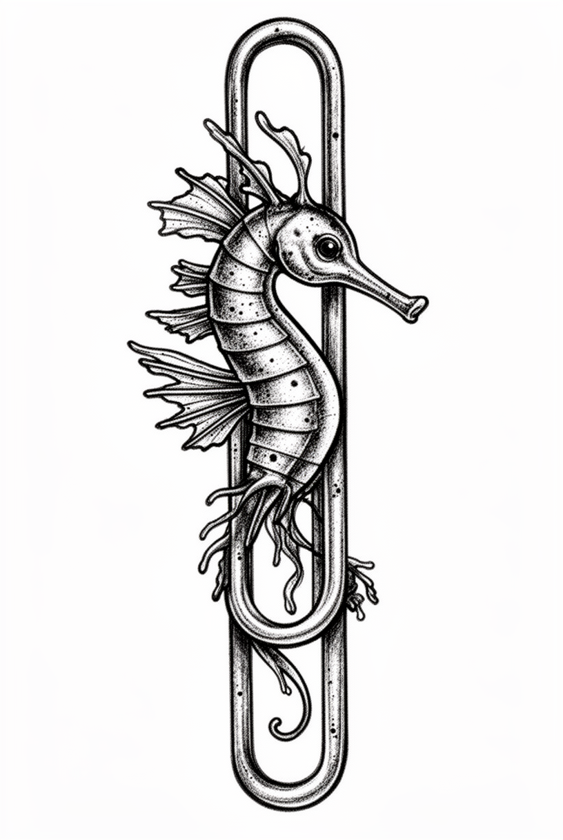 An illustrative vintage brass paperclip transformed into a leafy seadragon talisman with patina, engraved seams, and delicate seaweed-like fronds.