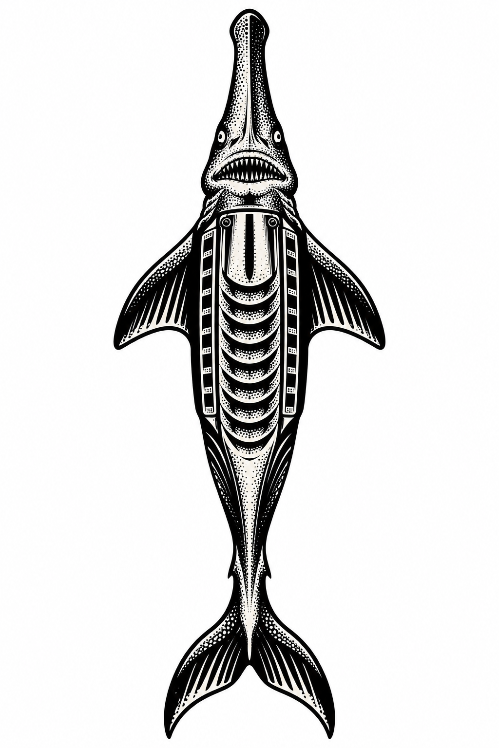 A blackwork goblin shark talisman inspired by a harmonica, with ribbed body, gill-like reeds, a long snout, and needle teeth on a plain background.