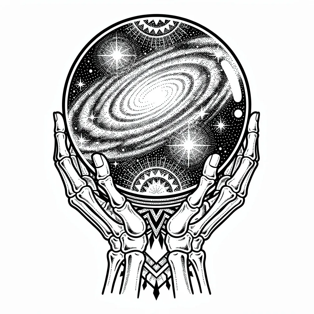 Ballun tal-kristall magħmul bit-teknika tad-dotwork, miżmum minn idejn skeletriċi, b’galassja minjatura li ddur ta’ nebulosi u stilel ġewwa fih.