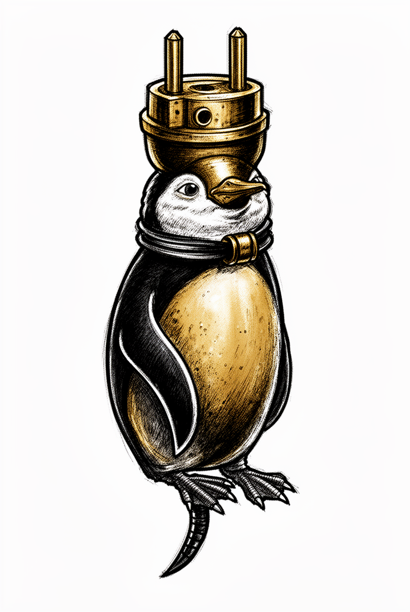 An illustrative penguin talisman inspired by an antique brass plug, with black-and-gold body, tucked flippers, a small beak, and a curious expression.
