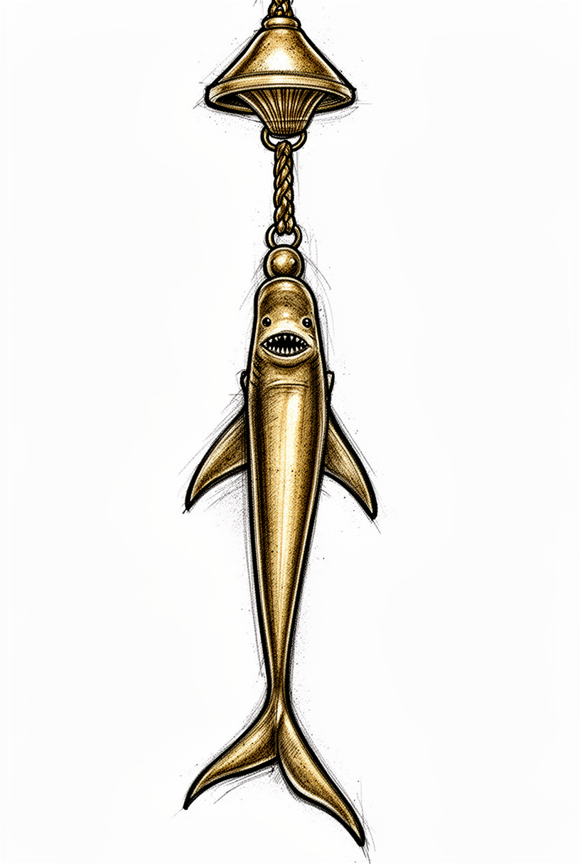 An illustrative basking shark talisman formed from an antique brass bell pull, with a broad snout, open mouth, and braided tail on a plain background.