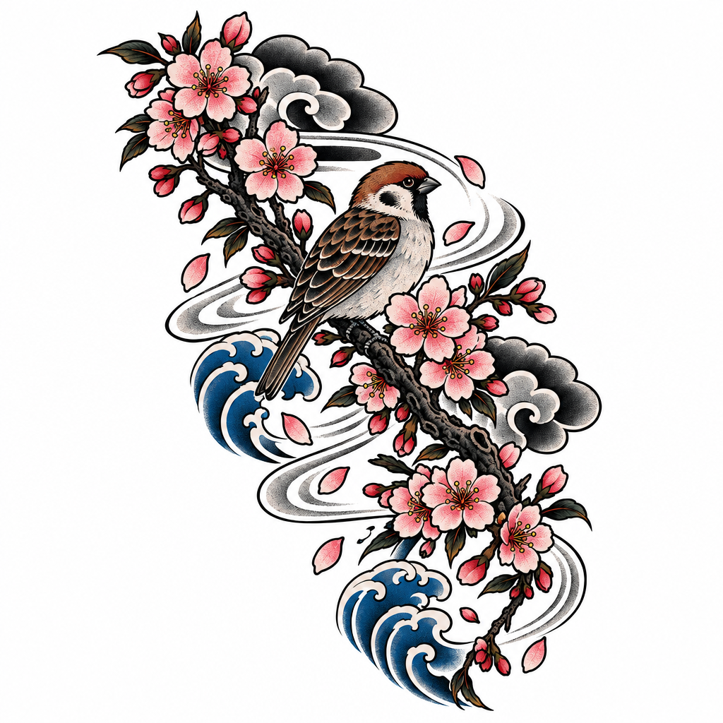 A Japanese-style cherry blossom branch with petals blown by the wind and a small sparrow perched among the flowers.