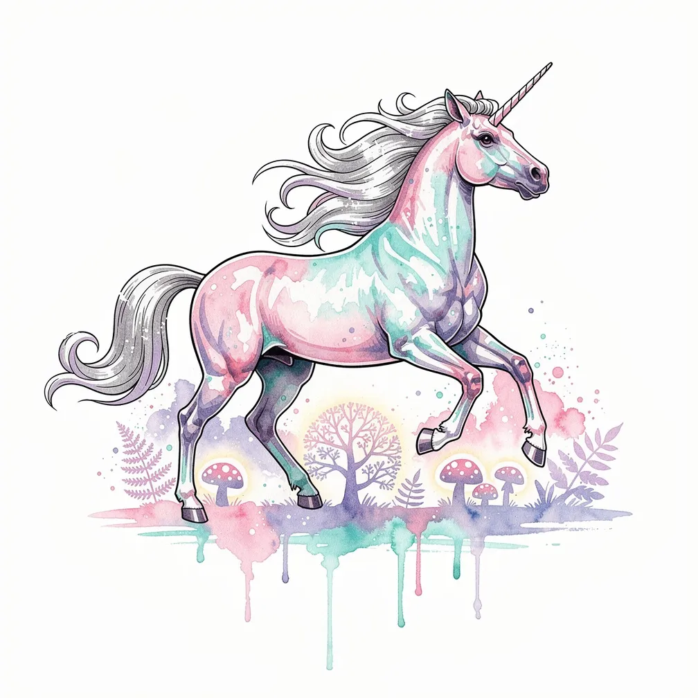 O se unicorn i le vali vai e tamoʻe atu i se togavao faataulāitu, ma lona mane siliva-pei o le vai o loo tafe a o pupula mushrooms i lalo o ona atigivae.