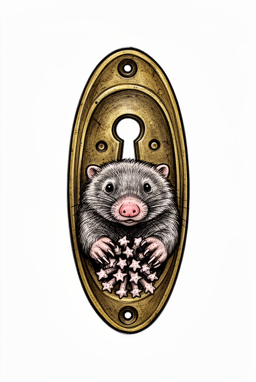 An illustrative star-nosed mole talisman based on an antique keyhole plate, with tiny eyes, a pink snout, and star-shaped tentacles on a plain background.