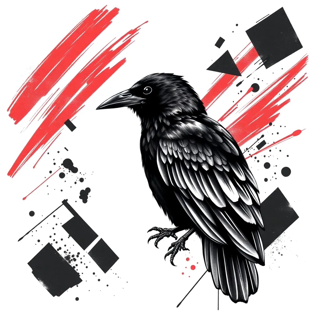 A trash-polka composition of a realistic raven with bold red brushstrokes, torn newspaper fragments and stark black geometric shapes