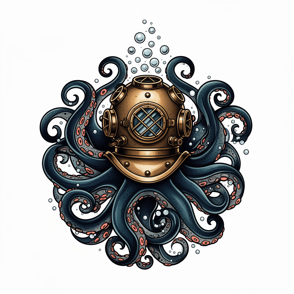 A neo-traditional octopus wraps its tentacles around a vintage diving helmet with deep sea bubbles rising around it.