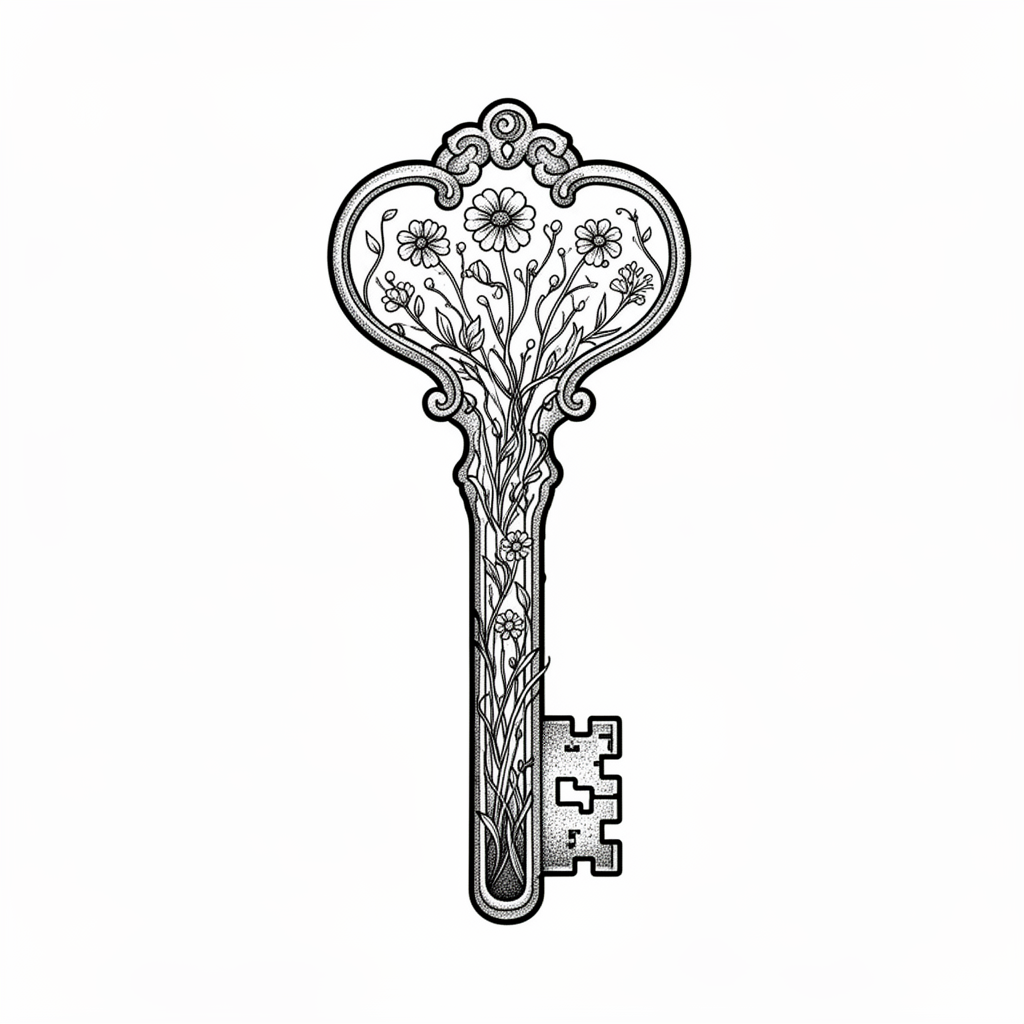 A fine-line vintage skeleton key with an ornate bow, showing a tiny hidden flower garden inside the shaft.