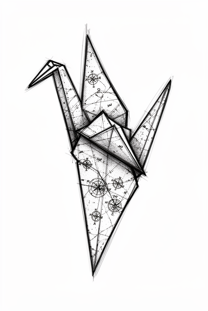 An illustrative origami crane made from a weathered nautical chart, with compass roses and route lines visible across its wings.