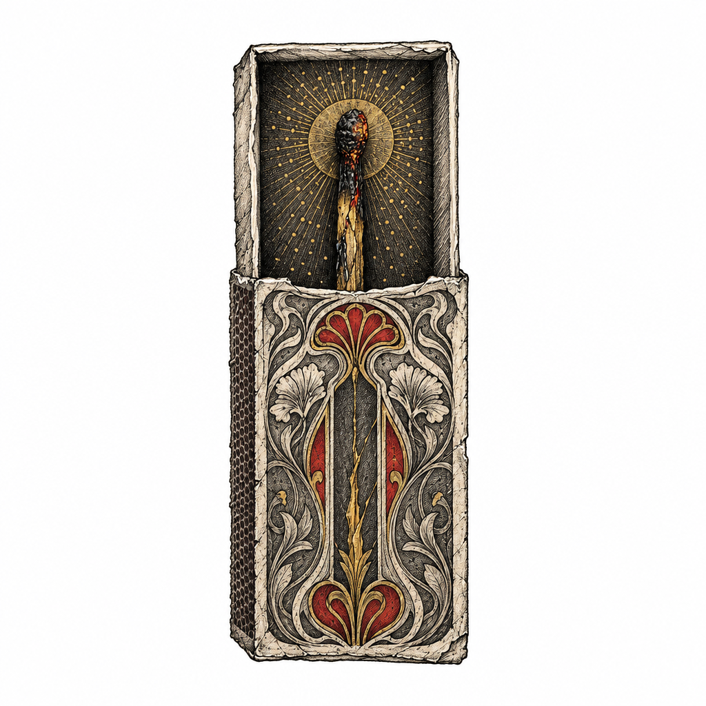 An illustrative vintage matchbox open like a shrine, with ornate Art Nouveau embossing and a charred match shaped like a glowing miniature obelisk.