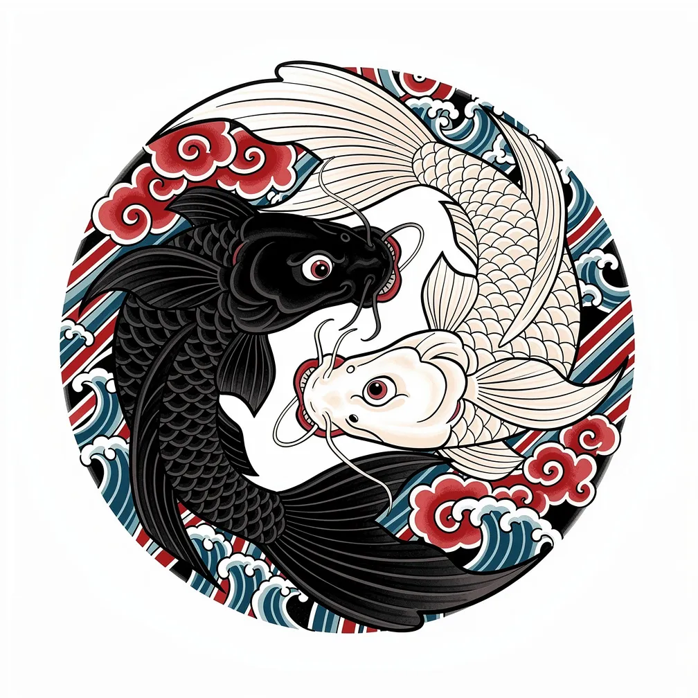 Motyw yin-yang w japońskim stylu utworzony przez dwie ryby koi, jedną ciemną i jedną jasną, krążące bez końca z płynnie układającymi się płetwami.
